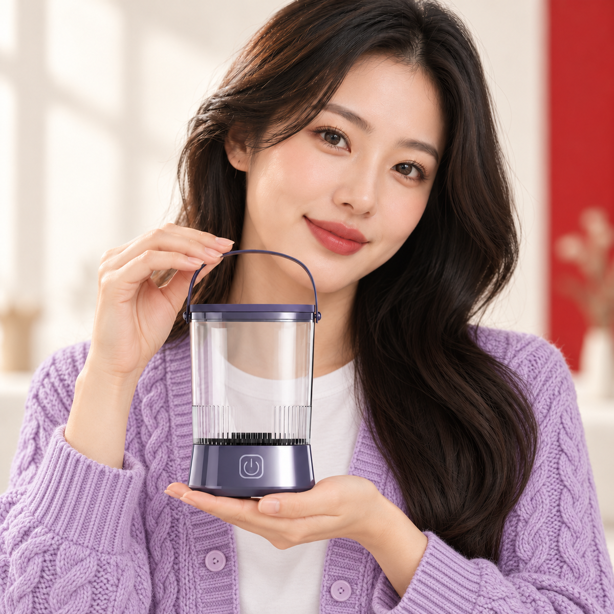 An adult model wearing lavender preppy cardigan holds Electric Makeup Brush Cleaner. Pictured variant: Roland Purple.