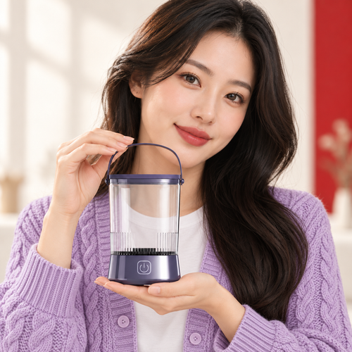 An adult model wearing lavender preppy cardigan holds Electric Makeup Brush Cleaner. Pictured variant: Roland Purple.