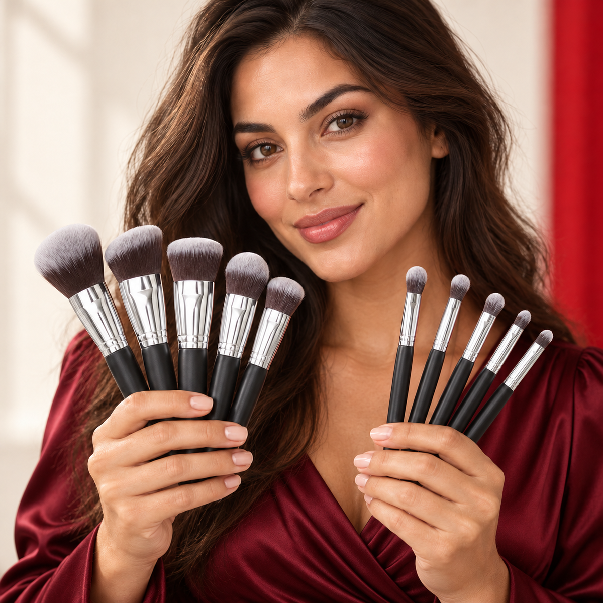 An adult model wearing burgundy satin evening style holds Pageant Winner 10-Piece Makeup Brush Set. Pictured variant: Silver; ten brushes.