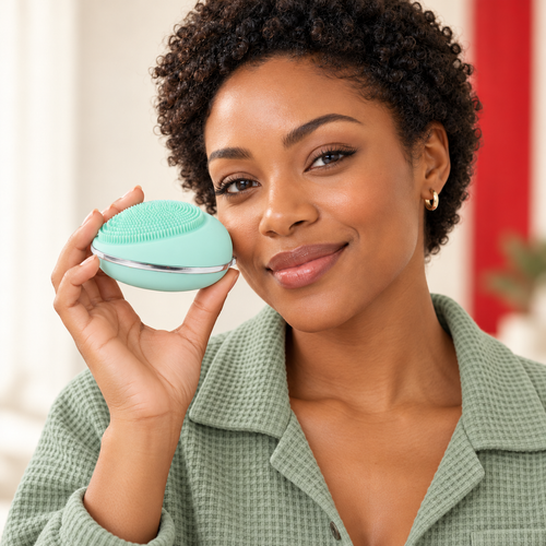 An adult model wearing sage spa loungewear holds Electric Facial Cleansing Brush. Pictured variant: Mint green.