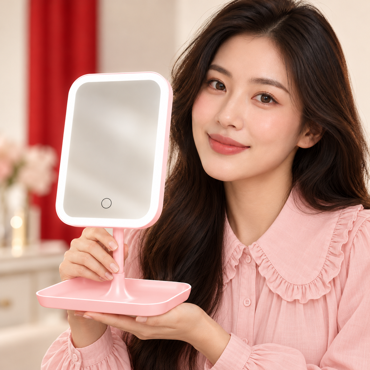 An adult model wearing blush romantic cotton blouse holds Portable LED Makeup Mirror — Pink. Pictured variant: Pink.