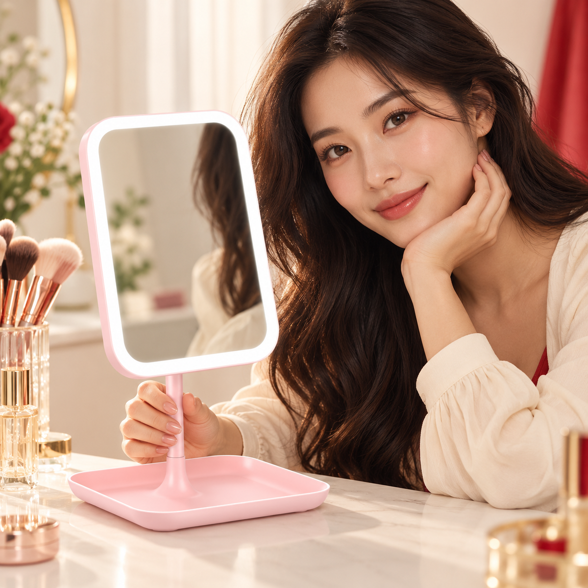 AI lifestyle image of a model presenting the pink LED Makeup Mirror