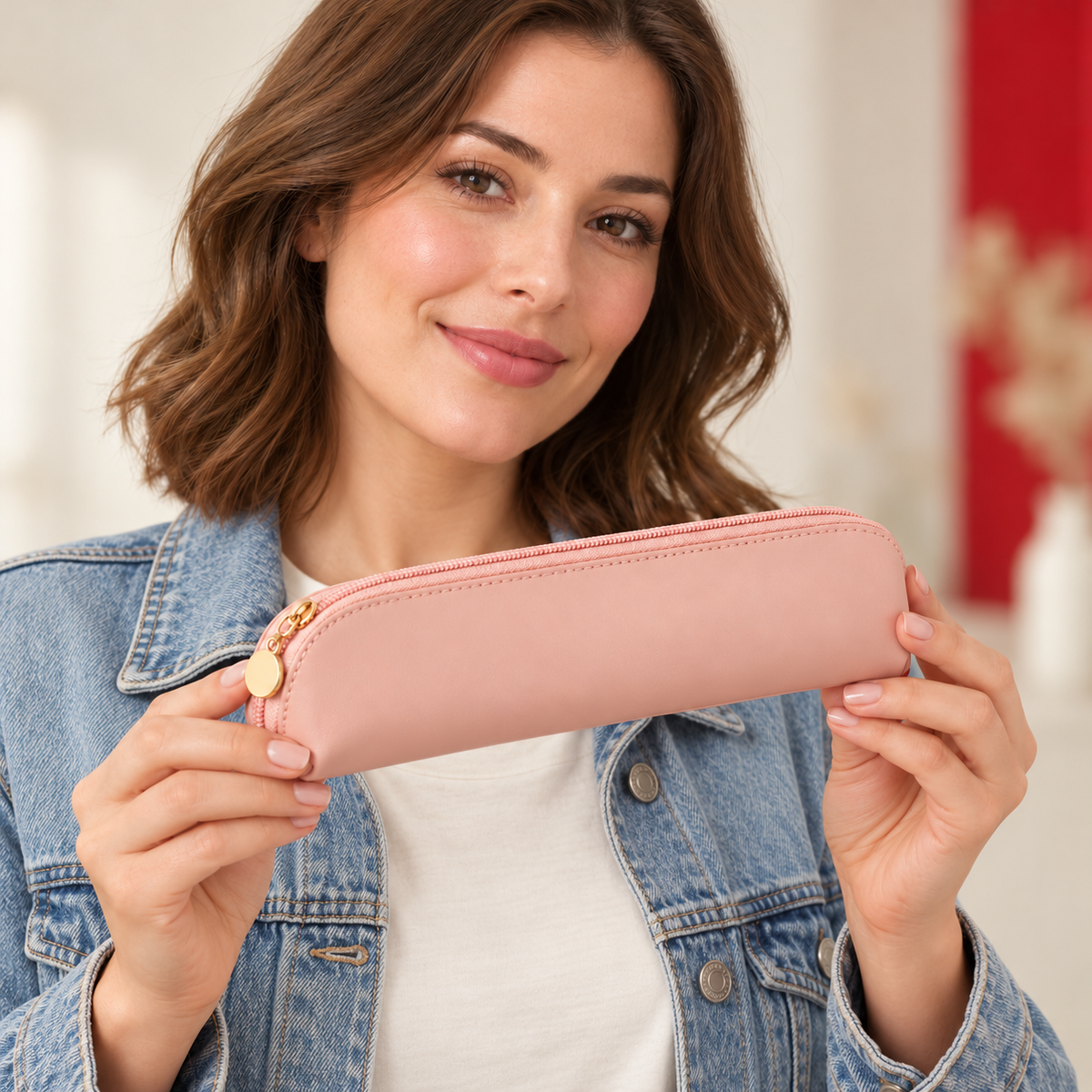 An adult model wearing light-denim weekend casual holds Makeup Brush Travel Bag. Pictured variant: Pink.